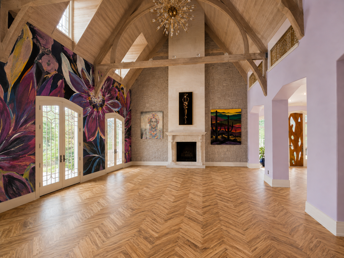 Franklin Tennessee luxury great room with fireplace and herringbone flooring
